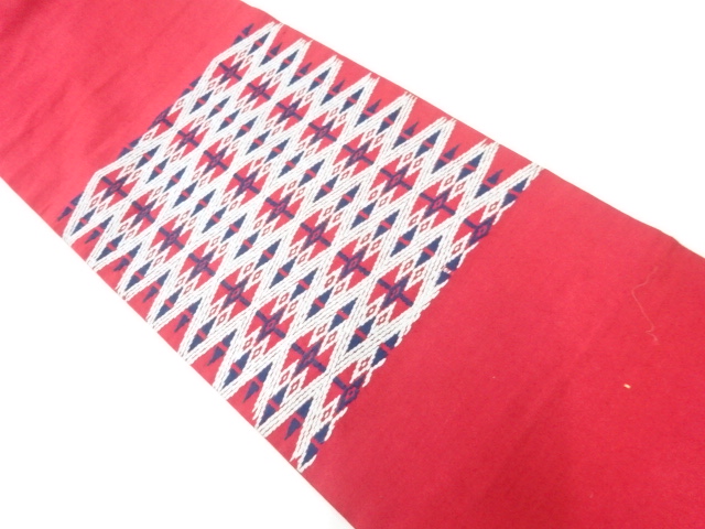 アンティーク　手織り紬変わり菱模様刺繍開き名古屋帯（額縁仕立て）